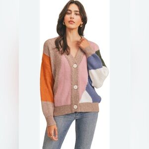 Lush Colorblock Button Down Cardigan Sweater Womens